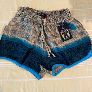 Elastic Waist Gold and Blue Satin Shorts with Pockets